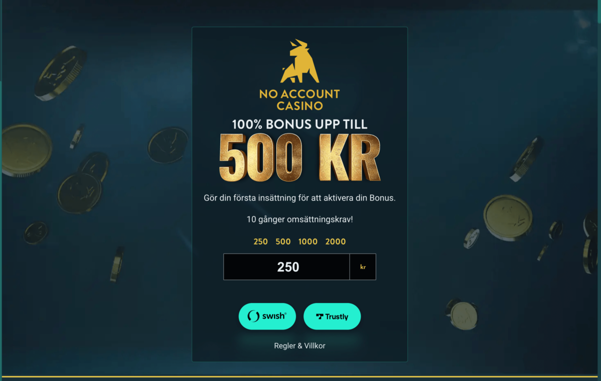 No Account Casino bonus 100% upp till 500 kronor
